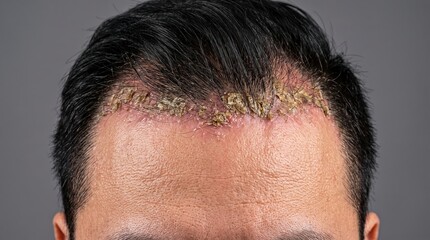 Fototapeta premium Severe Scalp Psoriasis and Thick Flaking Scales Along Hairline