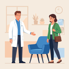 Obraz premium Doctor welcomes patient to medical office, handshake gesture, modern flat illustration style