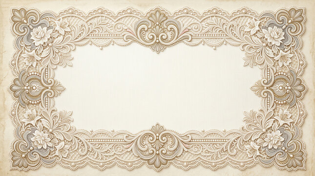Elegant lace frame design with intricate floral patterns and delicate beadwork on a textured background.