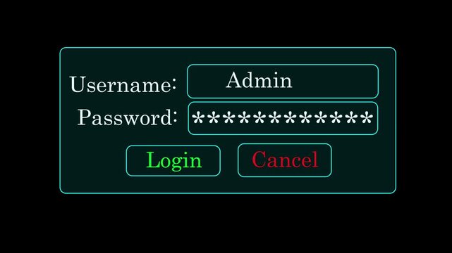 Digital log in interface with admin access and password field, glowing green caber security u for software development and network authentication concepts