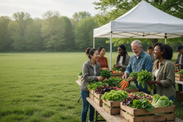 Obraz premium Farmers market local vegetable organic produce community outdoor group diversity smile spring green teamwork local farmers market stand with fresh organic Community supported agriculture concept