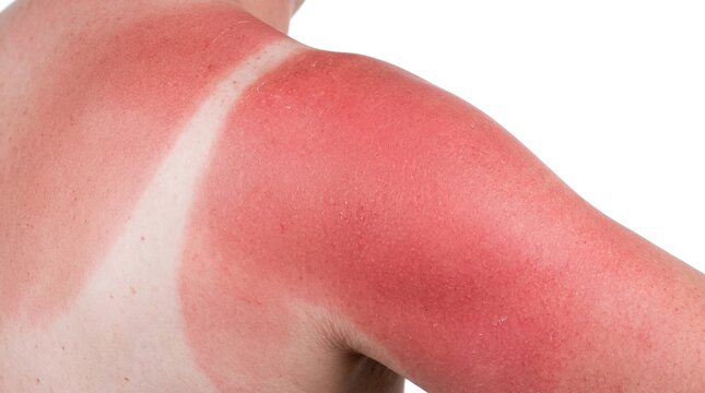 Severe sunburn erythema with visible tan line on shoulder and back skin