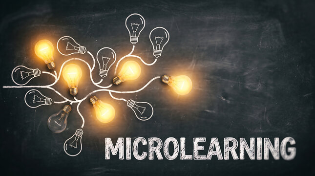 Dynamic light bulb network illuminating innovative educational ideas for effective microlearning strategy on a dark chalk surface