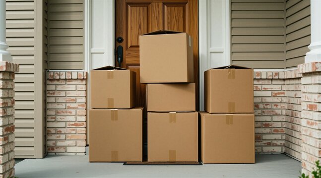 Stacked cardboard boxes wait on porch at house front door entrance. Brown parcel packages for home delivery sit outside residence after online order shipment. Cardboard containers arrive at