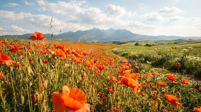 Vibrant field of wild red poppies blooming in a beautiful meadow with distant mountains under a cloudy sky