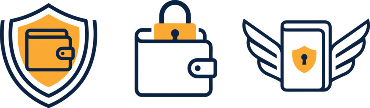 Vector set of secure wallet and online financial safety line icons featuring shield padlocked wallet and wings