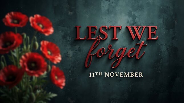 Remembrance day background with red poppy flowers and the text lest we forget on dark texture