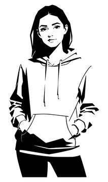 Black and white line art illustration of a cool young woman standing in a hooded sweatshirt with hands in her front pocket, isolated on a clean white background for modern apparel design.