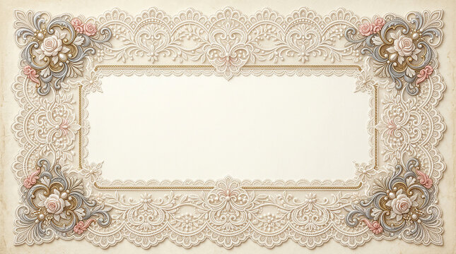 Ornate lace frame with floral and leaf patterns, accented with pearls and gold lines on a textured background.