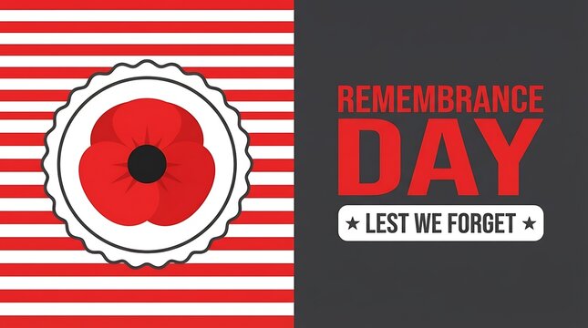 Remembrance day poster design featuring a red poppy flower on a striped background with lest we forget text
