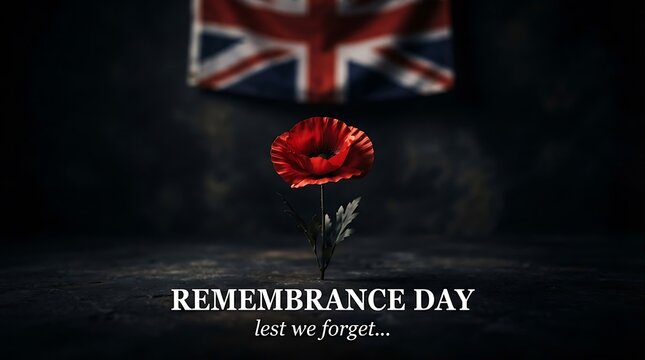 Remembrance day concept featuring a red poppy flower against a blurred british union jack flag background