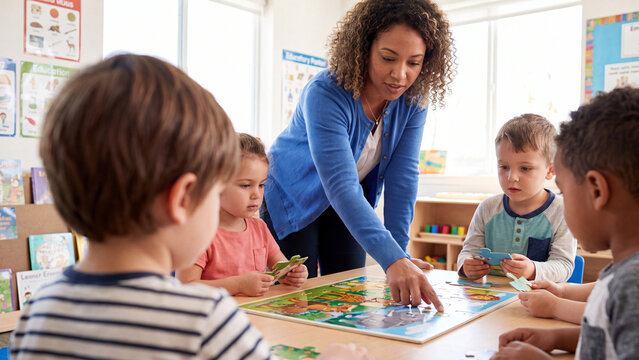 Teacher instructs a diverse group of young children as they work together on a complex floor puzzle in an organized preschool classroom setting during their morning development session.