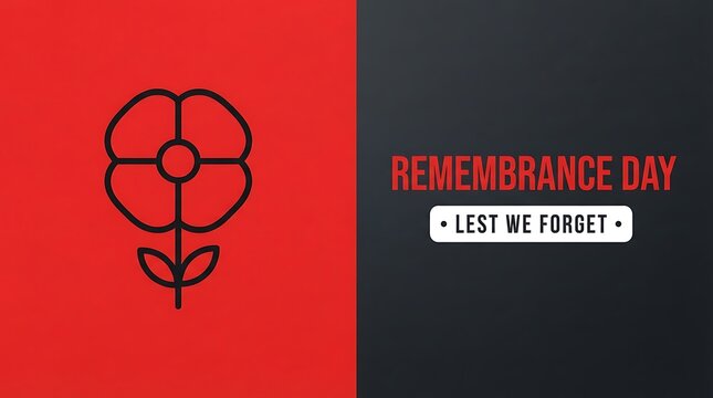Remembrance day background with a simple poppy flower icon and the text lest we forget on dark backdrop