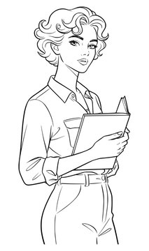 Minimalist line art illustration of a stylish young businesswoman with short curly hair holding a notebook or file, standing confidently isolated on a white background for educational design.