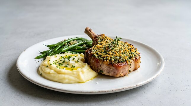 Grilled pork chop with mashed potatoes and green beans on a plate. chuleta de cerdo