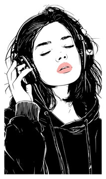 Sensual black and white line art sketch illustration of a young woman with eyes closed wearing big headphones and pink lipstick, enjoying music on a clean white background for audio graphic design.