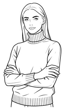 Minimalist line art illustration of a smart young woman standing with arms folded wearing a cozy turtleneck sweater, isolated on a solid white background for seasonal fashion design layouts.