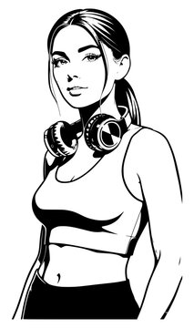 Bold black and white vector line art portrait of a fit young woman wearing a crop top sports bra with headphones resting around her neck, isolated on a white background for fitness designs.