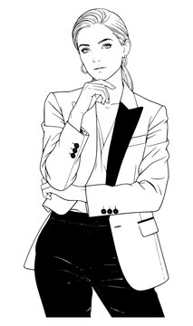Fine black and white line art vector illustration of a pensive businesswoman wearing a tuxedo blazer with hand resting on her chin, isolated on a white background for corporate graphic art.