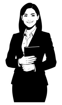 Vector line art illustration of a confident young businesswoman in a suit jacket holding a notebook, isolated on a clean white background for corporate and professional graphic designs.