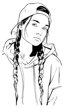 Black and white line art vector illustration of a trendy young woman with braided pigtails wearing a hoodie and backward cap, isolated on a white background for urban street fashion.