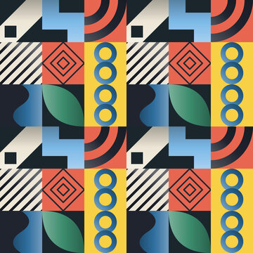 Seamless abstract pattern in orange, black, blue - trendy line art gradient geometric background for wallpaper, textile and wrapping paper design