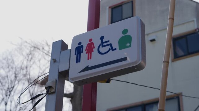 Restroom sign with male female accessible and ostomate icons in Japan