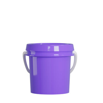 Representaci&oacute;n en modelado 3D de una cubeta o bote de pintura de pl&aacute;stico amarillo brillante con tapa y asa blanca, aislada sobre un fondo negro s&oacute;lido. Maqueta (mockup) limpia ideal para empaque o di