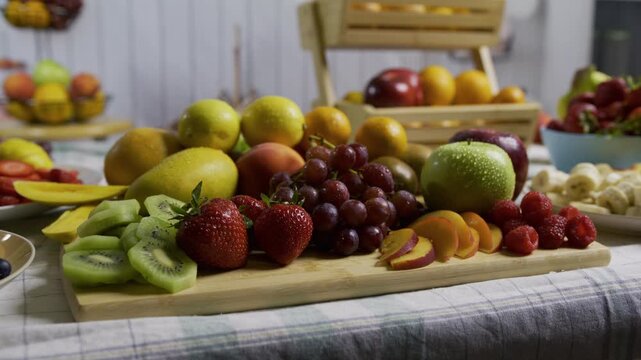 Cutting board filled with delicious fruit on kitchen counter, medium shot