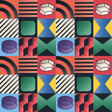 Seamless geometric pattern in black, gold, red - contemporary line art gradient geometric background for wallpaper, textile and wrapping paper design