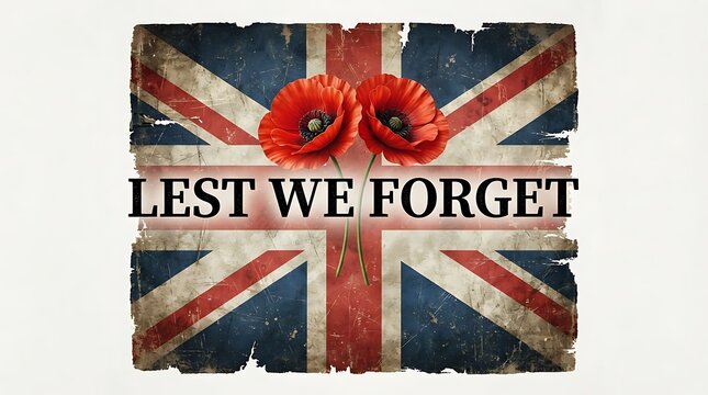 A vintage style british flag background with red poppy flowers and the text lest we forget