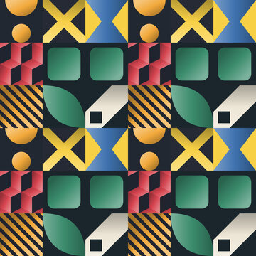 Seamless pixel pattern in black, yellow, red - bohemian gradient geometric background for wallpaper, textile and wrapping paper design