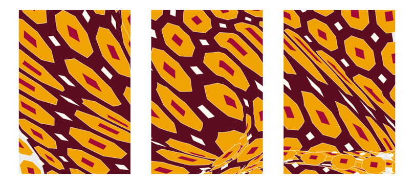 Set of vertical abstract hexagonal patterns in yellow and maroon for modern artistic backgrounds.
