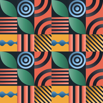 Seamless pixel pattern in black, gold, sky blue - minimalist gradient geometric background for wallpaper, textile and wrapping paper design