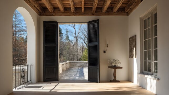 Elegant interior space with wooden ceiling and shutters opening to outdoor view