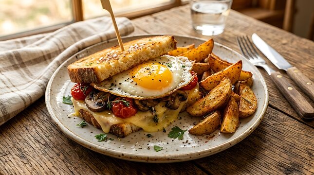 Delicious breakfast sandwich with a fried egg and roasted potato wedges on a wooden table. egg sandwich combos