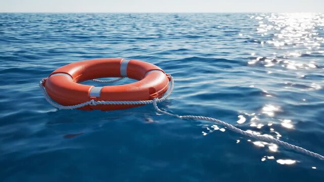Orange lifebuoy floating on ocean waves