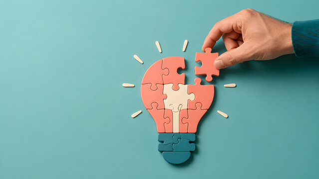 Hand placing last piece into coral and blue lightbulb shaped jigsaw puzzle. Concept of creative problem solving, business strategy completion, and innovative team synergy.