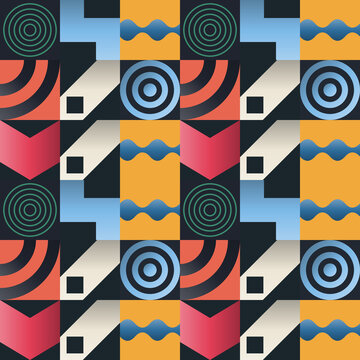 Seamless pixel pattern in black, sky blue, yellow - artistic line art gradient geometric background for wallpaper, textile and wrapping paper design