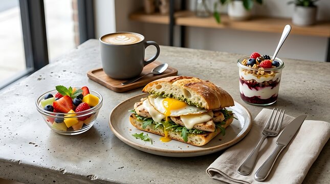 Fresh breakfast with avocado toast fried egg fruit salad and coffee on a table. egg sandwich combos