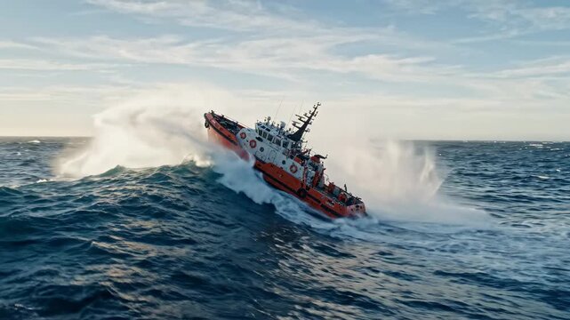 Orange rescue boat navigating through rough ocean waves