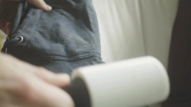 Close up of a person using a sticky lint roller to clean pet hair off a dark hoodie.