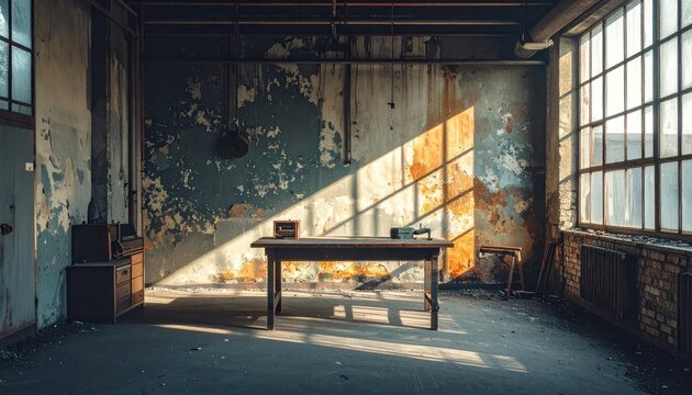 Abandoned industrial workshop with peeling paint, sunlight streaming through large windows onto a workbench