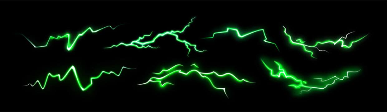 Green Thunder Light Effect Elements. Vector Energy Spark Bolt Power Illustration. Neon Lightning Storm Set. Abstract Electric Thunderbolts on Dark Background.