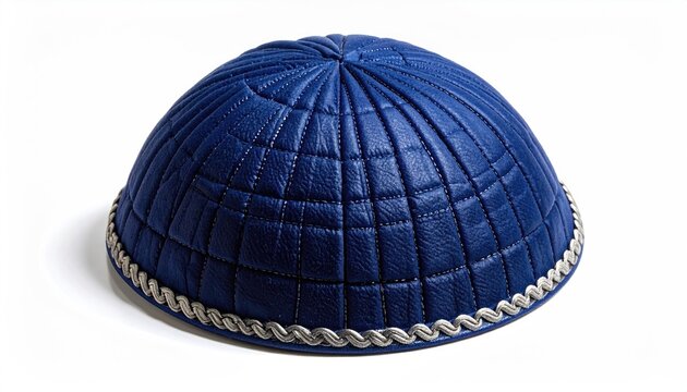 Deep blue, textured cap with intricate silver trim