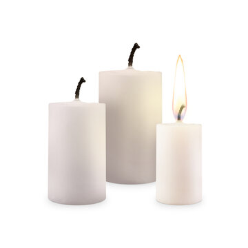 White Candle Set with One Lit Candle on Transparent Background png