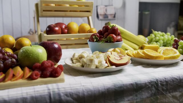 Beautiful kitchen counter display of delicious fruit - tracking shot
