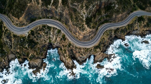 Aerial view of a winding coastal road along dramatic cliffs and crashing turquoise ocean waves