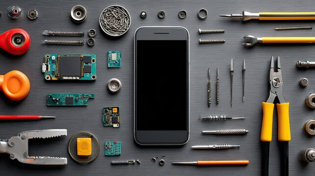 Smartphone Repair Tools and Components on a Metal Surface for Technology and Electronics Maintenance Projects