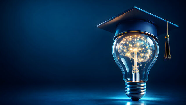Graduation cap on glowing lightbulb with digital brain network inside. Concept of artificial intelligence education, academic learning innovation, and smart cyber technology.